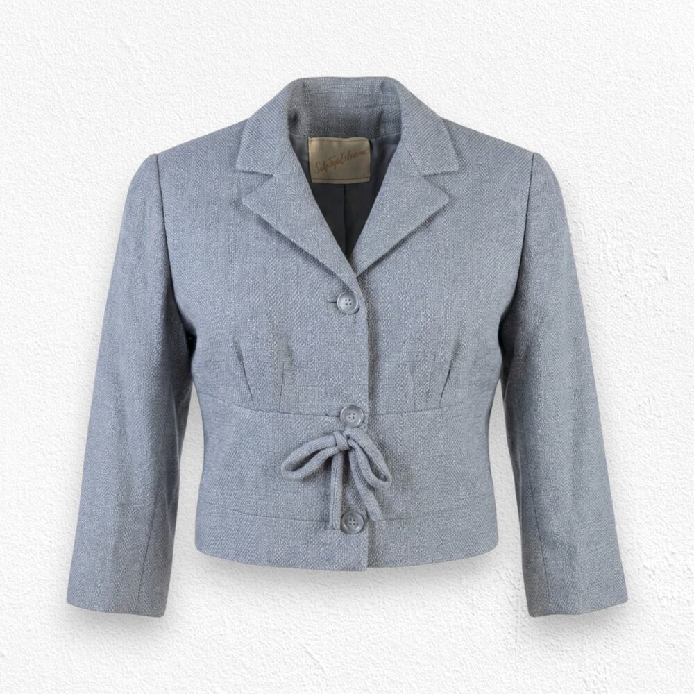 Vintage 1950s Saks Fifth Avenue Gray Wool Cropped Bow Waist Jacket Blazer Size 6